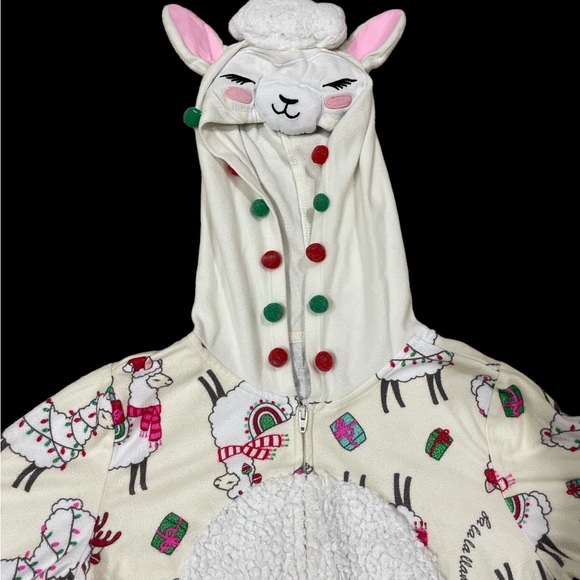 Justice llama Christmas onesie hooded zip pajamas pjs soft fleece Pom Poms 8 - Picture 5 of 5